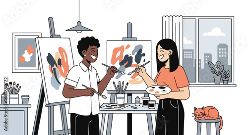 Two diverse artists collaborate in a bright studio, painting on canvas with brushes and palettes.