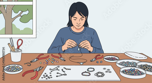 A young woman meticulously crafts a beaded necklace at a home crafting station.