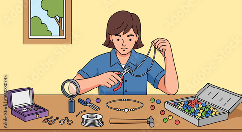 A woman meticulously repairs a necklace, surrounded by jewelry-making tools and supplies on a work table.