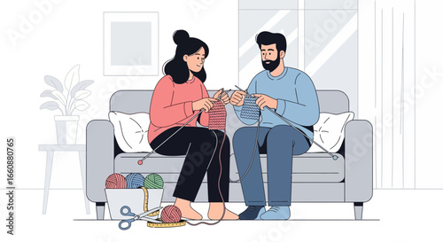 Couple relaxing at home, knitting together on a comfortable sofa.