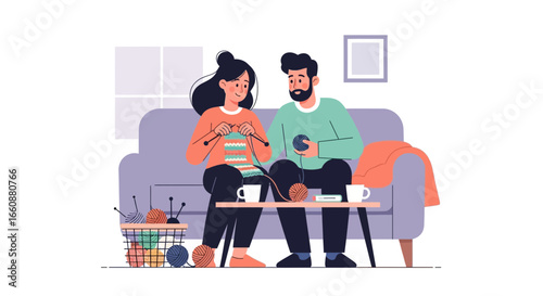 Couple enjoys cozy knitting session on sofa, sharing tea and yarn.