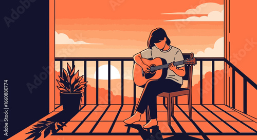 A person playing guitar on a balcony with a sunset backdrop, creating music.