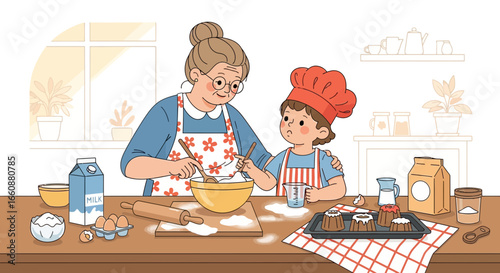 Grandmother and granddaughter baking cookies together in a cozy kitchen.