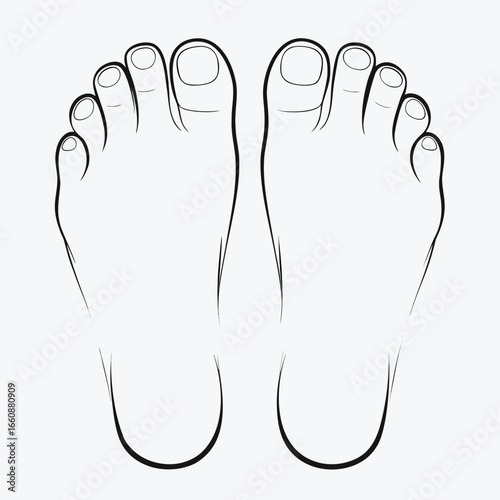 A line drawing of a pair of bare feet from the top view
