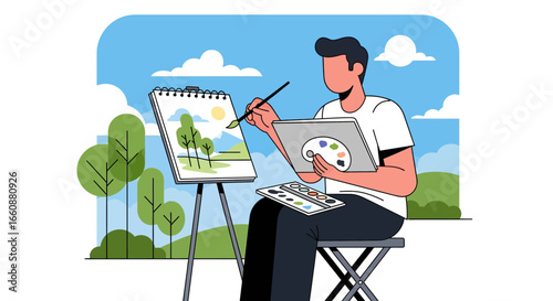 Man paints idyllic landscape plein air, using paints and brush on easel.