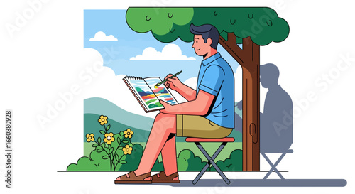 A man artistically paints a landscape scene while seated outdoors under a tree's shade.