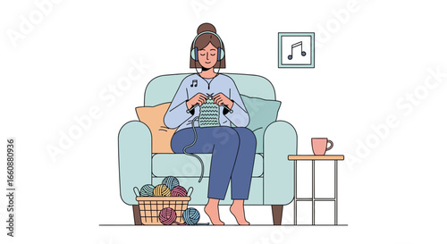 A woman sits in a chair knitting while listening to music with headphones in a cozy, relaxing scene.