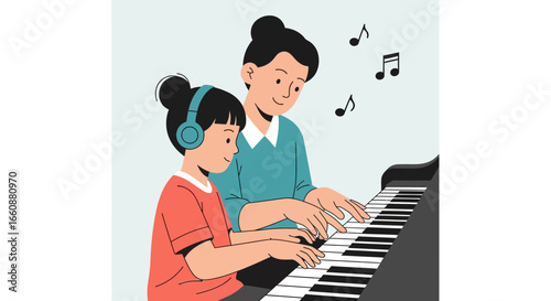 A young girl receives a piano lesson from her teacher.