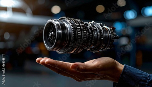 The cross-section of an aircraft engine and its rotating gears floating above your hand, giving the impression of advanced manufacturing.