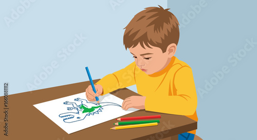 Young boy intently drawing a dinosaur with colored pencils at a wooden table.