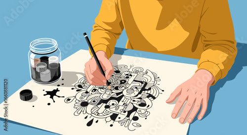 An artist sketching a detailed doodle with a pencil on a white paper sheet.
