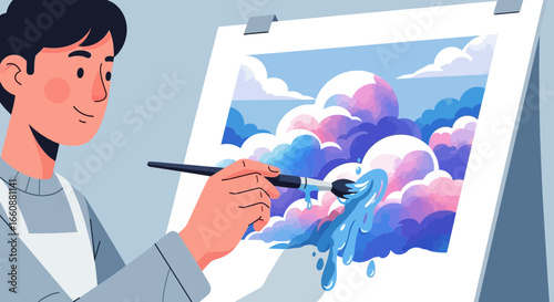 A person painting a landscape of fluffy clouds and flowing water with a brush.