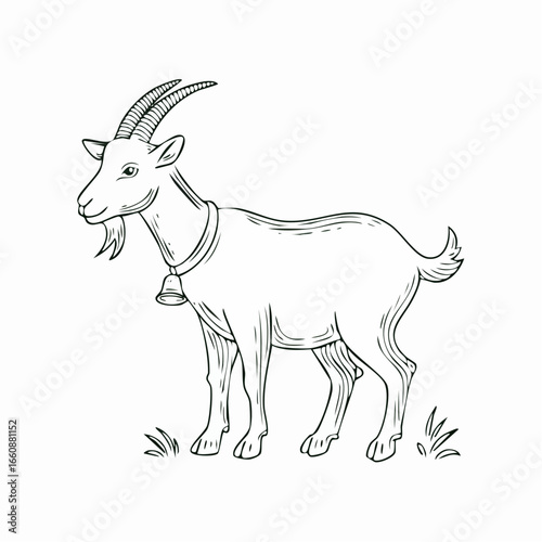 A black and white illustration of a goat.