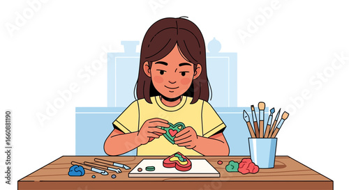 A young girl intently focuses on crafting a clay heart shape at a wooden table, surrounded by art supplies.