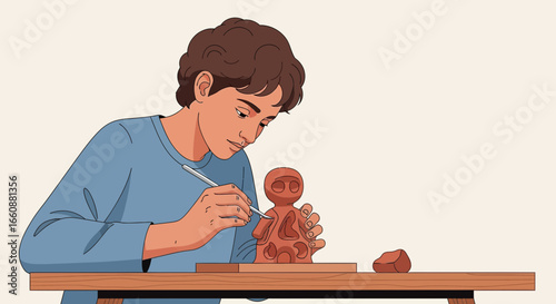 A young person carefully sculpting a small clay figure with focused concentration, using a tool.