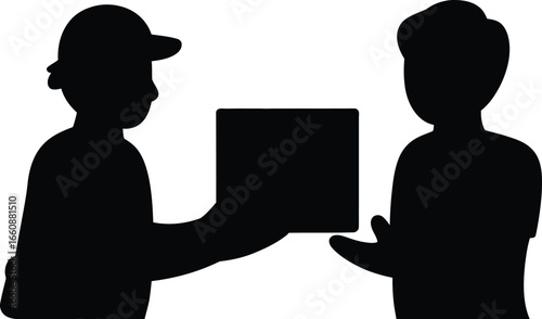 Silhouette of delivery person handing a package to a recipient