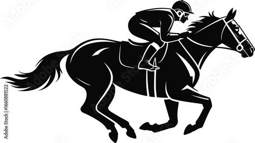 Silhouette of a jockey riding a galloping horse in a race