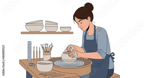 Woman focused on shaping pottery on a spinning wheel, crafting a ceramic bowl.