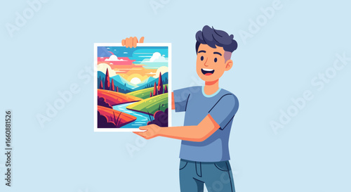 A smiling young man holds up a colorful landscape painting with a river, hills, and sunset sky.