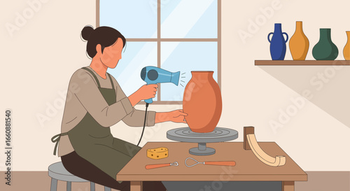 A woman artisan using a hair dryer to shape a clay vase in a pottery studio.