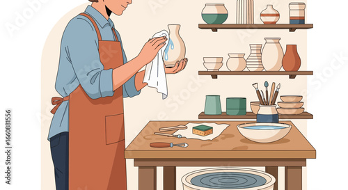 A potter carefully cleans a recently crafted ceramic vase, showcasing their craft in a workshop.