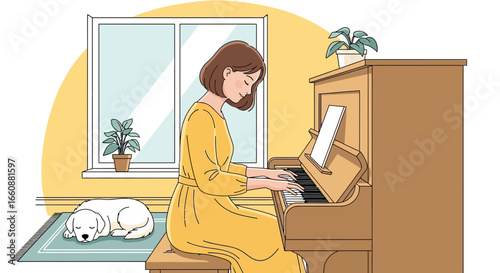 A woman in a yellow dress plays the piano in a sunny room while a white dog sleeps on a rug.