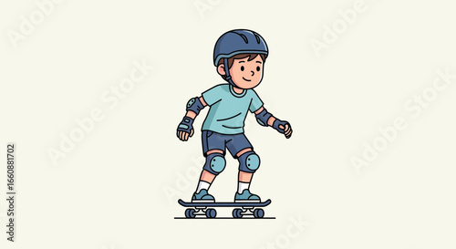 Cartoon boy wearing protective gear skateboarding, a cheerful illustration.