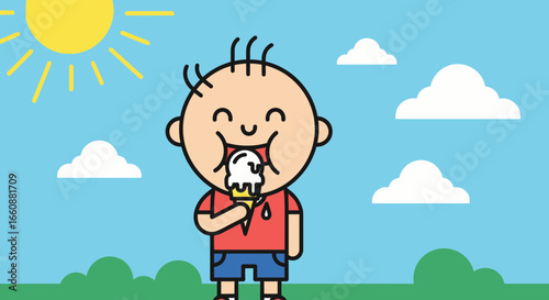 Happy toddler joyfully eating ice cream cone on sunny day.