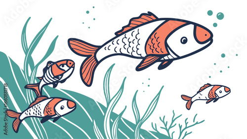 Illustration of koi fish swimming underwater.