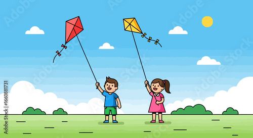 Cartoon illustration of a boy and a girl flying kites in a field under a sunny sky with fluffy clouds.