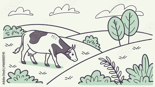 A cow grazing peacefully in a green landscape.