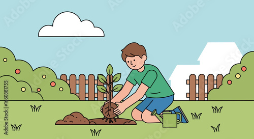 A young boy planting a sapling tree in a garden, surrounded by greenery and a fence.