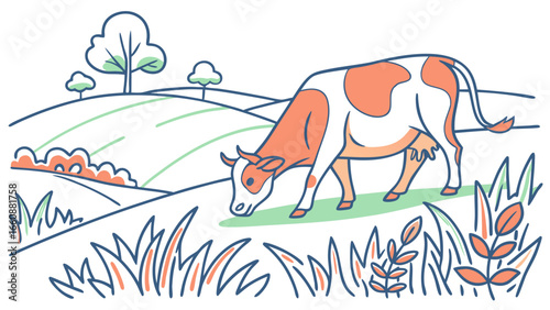 A cow grazing peacefully in a field.