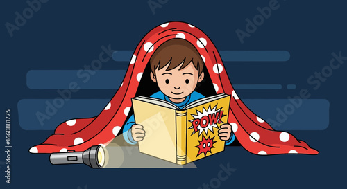 Boy secretly reading a comic book under a blanket with a flashlight.