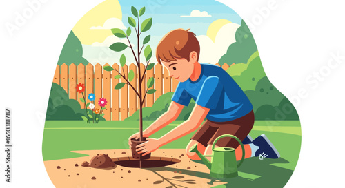 A young boy planting a tree in a garden, symbolizing environmental care and growth.