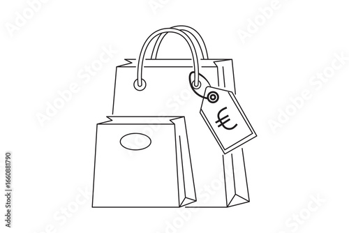 shopping bags with euro price tag line art icon