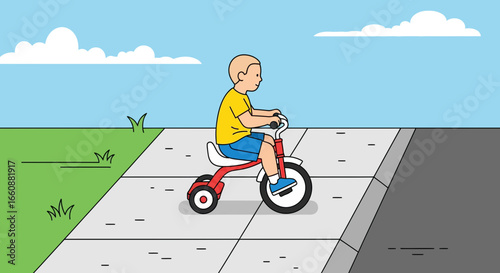 A young child rides a red tricycle along a paved sidewalk on a sunny day.