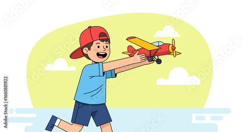 A young boy wearing a red cap runs with outstretched arms, holding a red and yellow toy airplane, smiling happily.