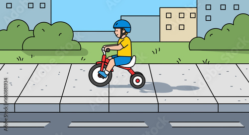 A child on a tricycle rides along a city sidewalk.