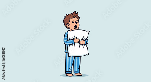 Boy in pajamas clutching a pillow, yawning widely, sleepy expression.
