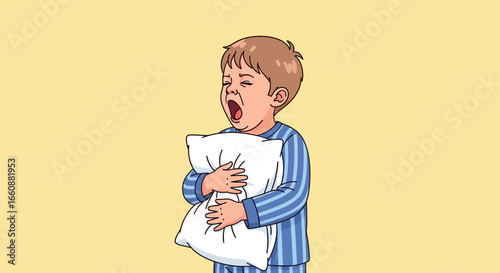A young boy in pajamas yawns widely, holding a soft white pillow against a yellow background.