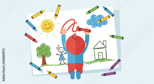 Child drawing a colorful picture of a house, sun, tree, and person with crayons scattered around the paper.