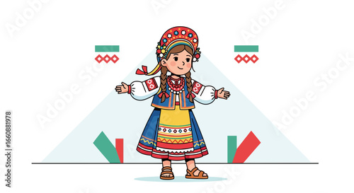 Young girl in vibrant traditional Ukrainian vyshyvanka dress.