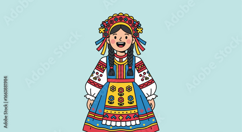 An illustrated girl wearing traditional Ukrainian clothing, smiling brightly, and adorned with a floral headdress.