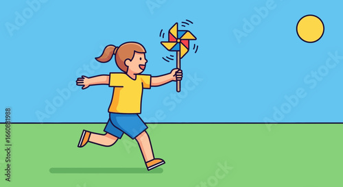 A happy girl runs outdoors holding a colorful pinwheel in the sunshine.