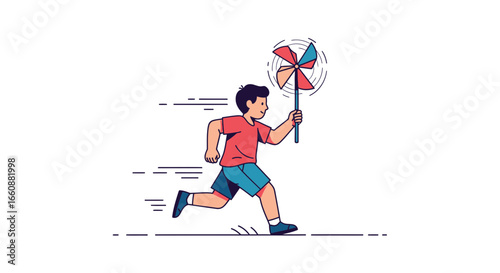 A boy running with a colorful pinwheel, a simple illustration of playful activity.