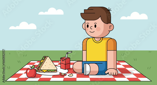 Cartoon illustration of a boy sitting on a picnic blanket with a sandwich, apple, and juice box in a grassy field.