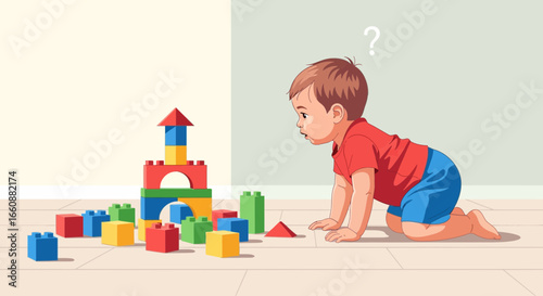 Toddler curiously observes colorful building blocks scattered on the floor, a question mark above his head.