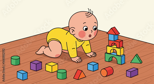 A curious baby crawls towards a colorful tower of building blocks, observing the structure.