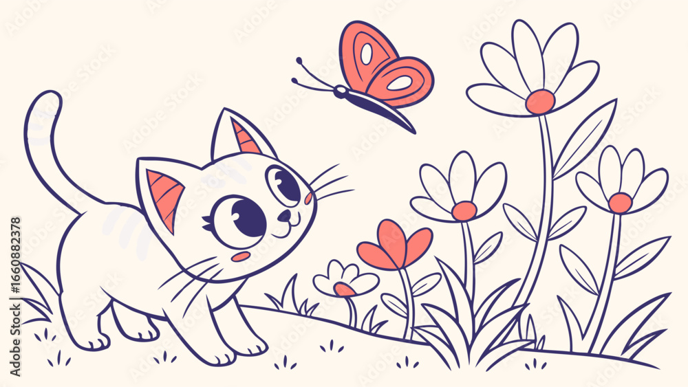 Obraz premium Whimsical cat and butterfly garden scene.